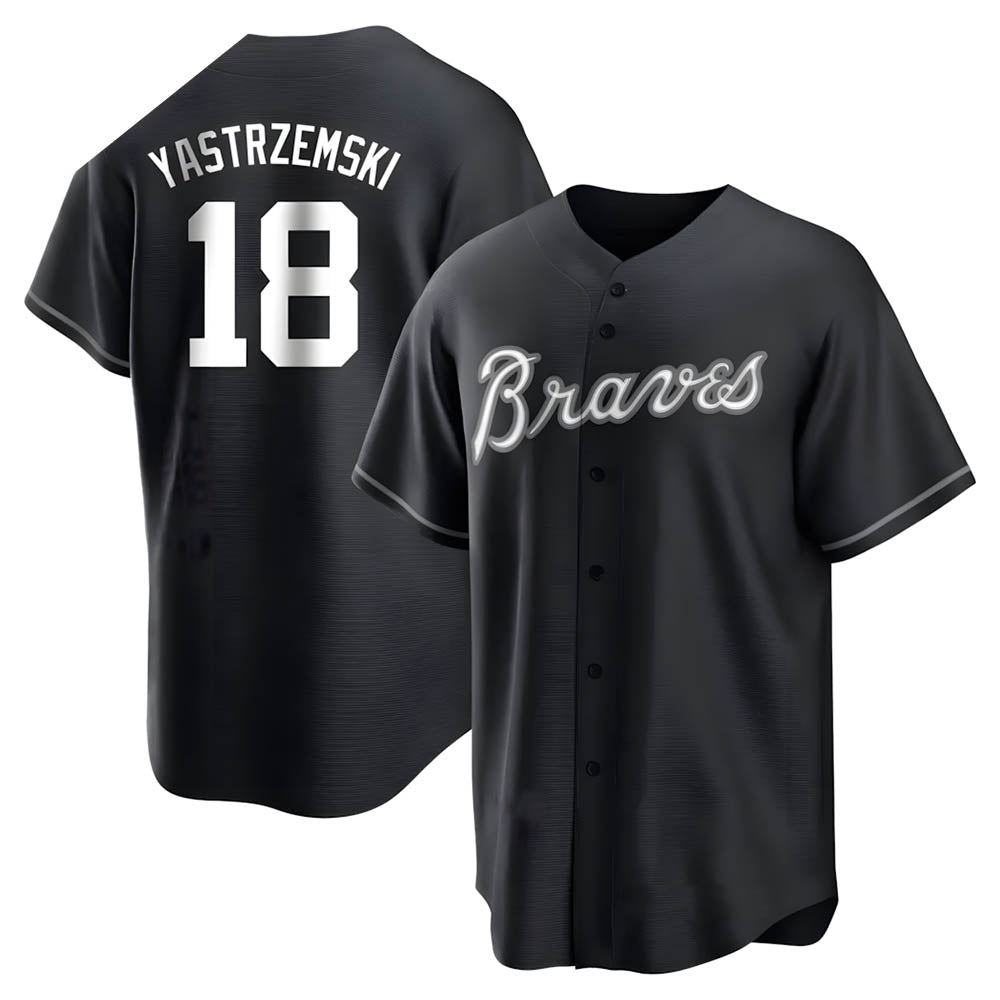 tocy A.Braves #18 Mike Yastrzemski player Black&White Replica Stitched Jerseys