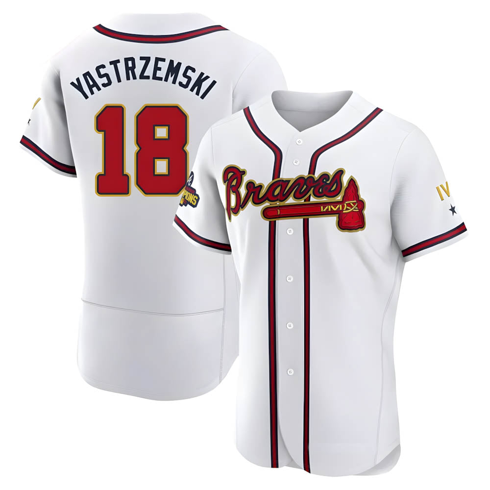 tocy A.Braves #18 Mike Yastrzemski player Gold Authentic White Program Stitched Jerseys