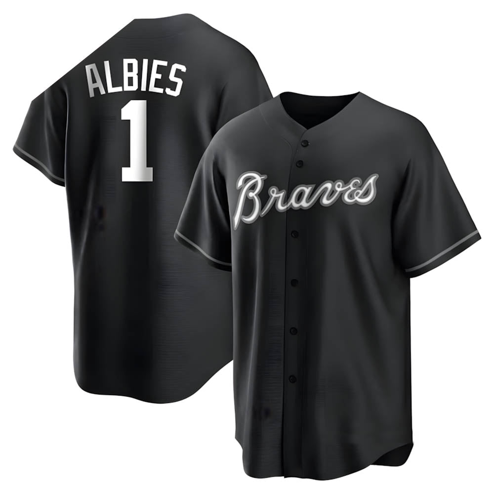 tocy A.Braves #1 Ozzie Albies Player Black&White Replica Stitched Jerseys