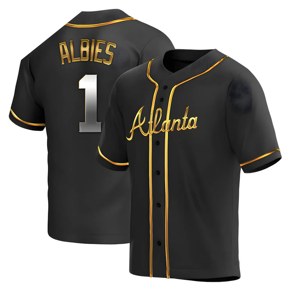 tocy A.Braves #1 Ozzie Albies Player Gold Replica Black en Alternate Stitched Jerseys