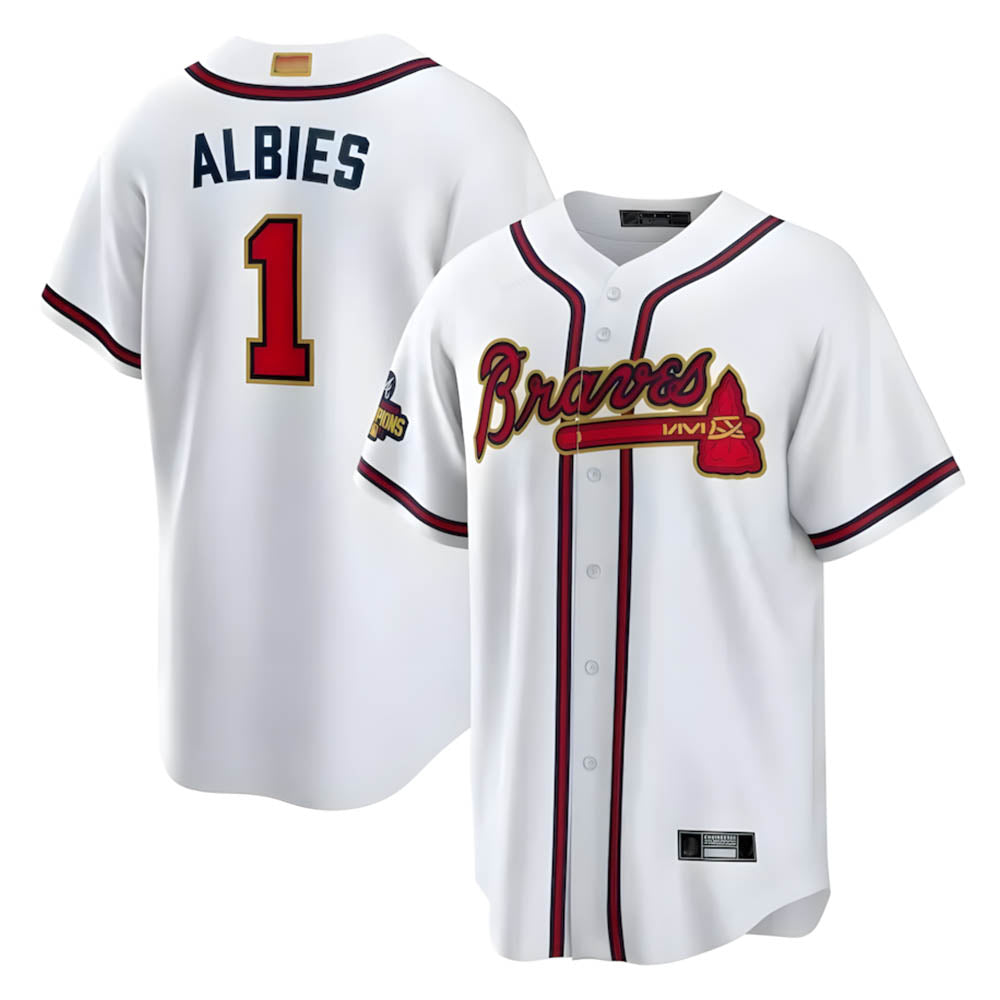 tocy A.Braves #1 Ozzie Albies Player White World Series Gold Program Stitched Jerseys