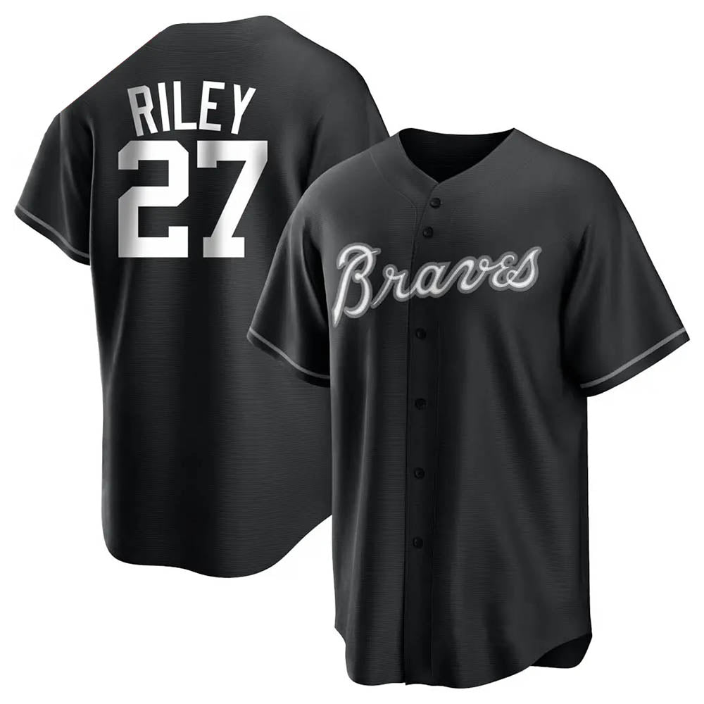 tocy A.Braves #27 Austin Riley Player Black&White Replica Stitched Jerseys