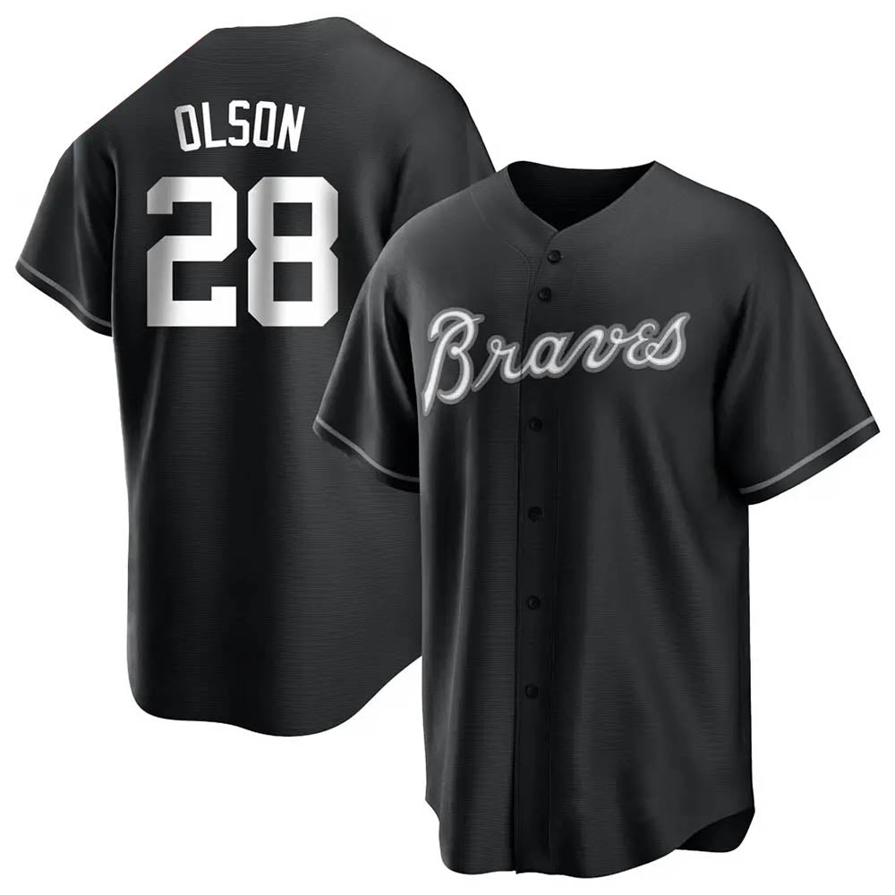 tocy A.Braves #28 Matt Olson Player Black&White Replica Stitched Jerseys