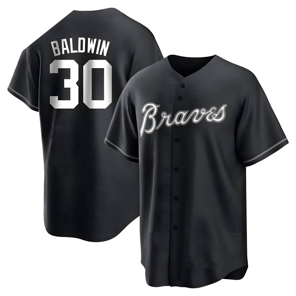 tocy A.Braves #30 Drake Baldwin player Black&White Replica Stitched Jerseys