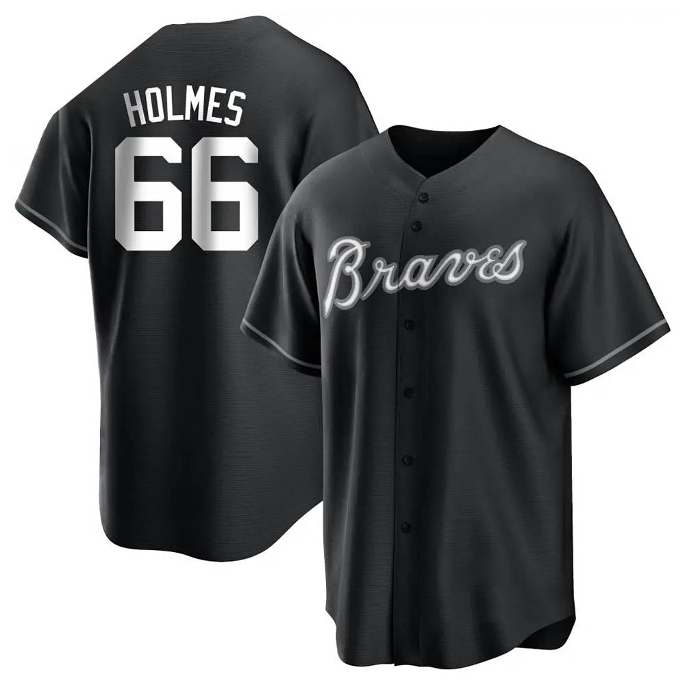 tocy A.Braves #66 Grant Holmes Player Black&White Replica Stitched Jerseys