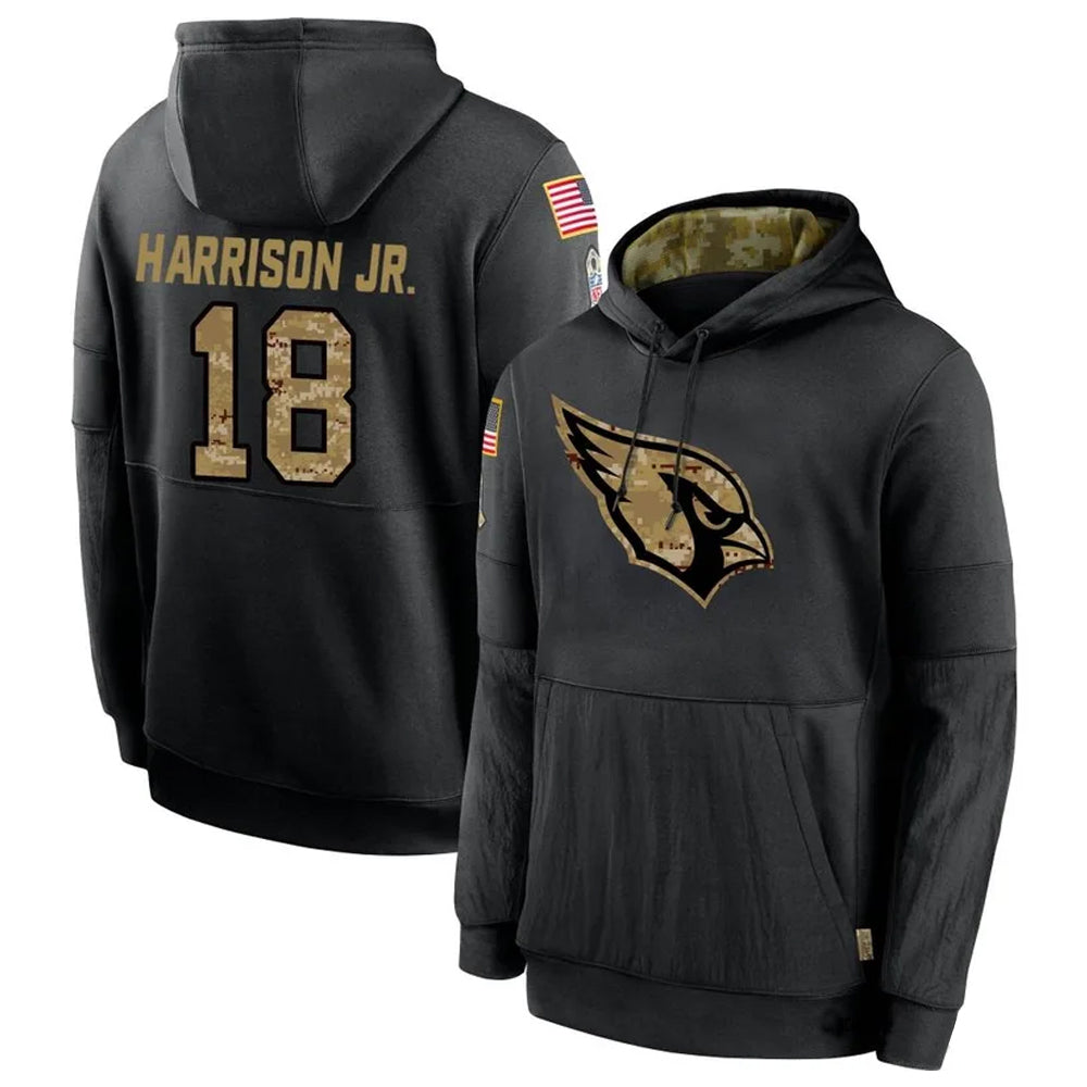 tocy A.Cardinals #18 Marvin Harrison Jr. Player Black Salute to Service Hoodies Stitched Jerseys