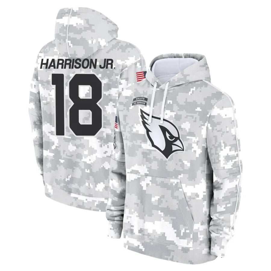 tocy A.Cardinals #18 Marvin Harrison Jr. Player Camo Salute to Service Hoodies Stitched Jerseys