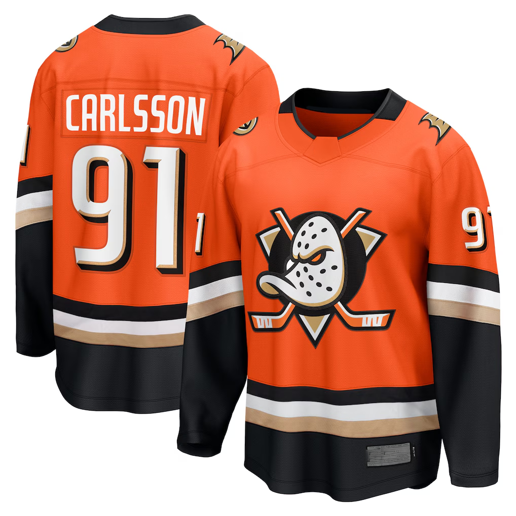 Tocy A.Ducks #91 Leo Carlsson Orange Home Breakaway Jerseys