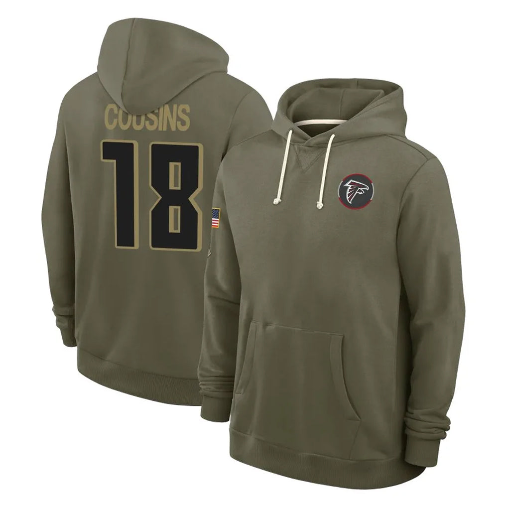 tocy A.Falcons #18 Kirk Cousins Player Olive 2025 Salute to Service Hoodies Stitched Jerseys
