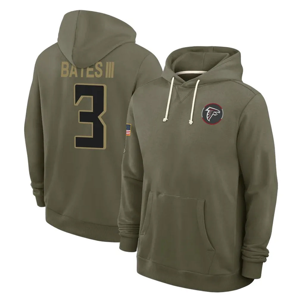 tocy A.Falcons #3 Jessie Bates III Player Olive 2025 Salute to Service Hoodies Stitched Jerseys