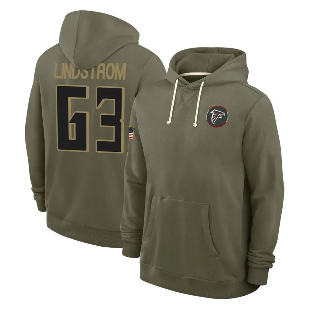 tocy A.Falcons #63 Chris Lindstrom Player Olive 2025 Salute to Service Hoodies Stitched Jerseys