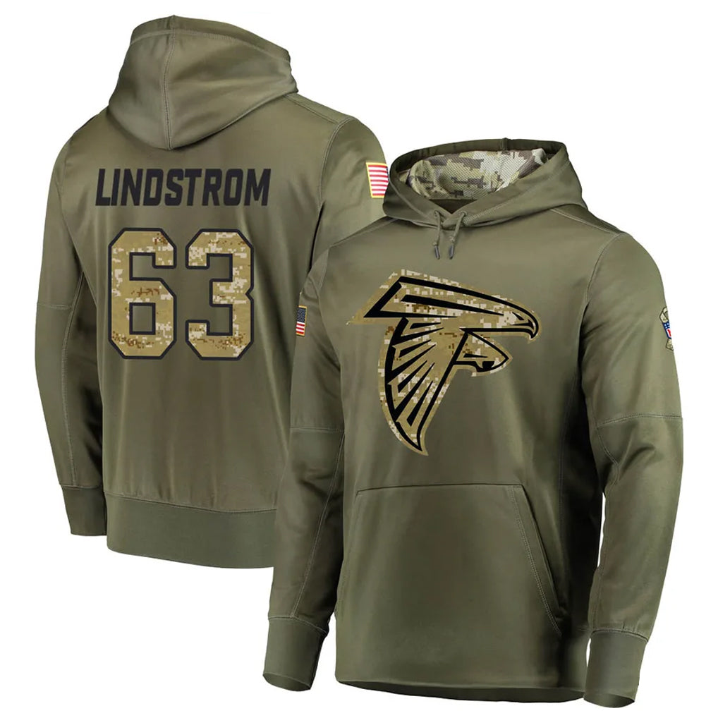 tocy A.Falcons #63 Chris Lindstrom Player Olive Salute to Service Club Fleece Hoodie Stitched Jerseys