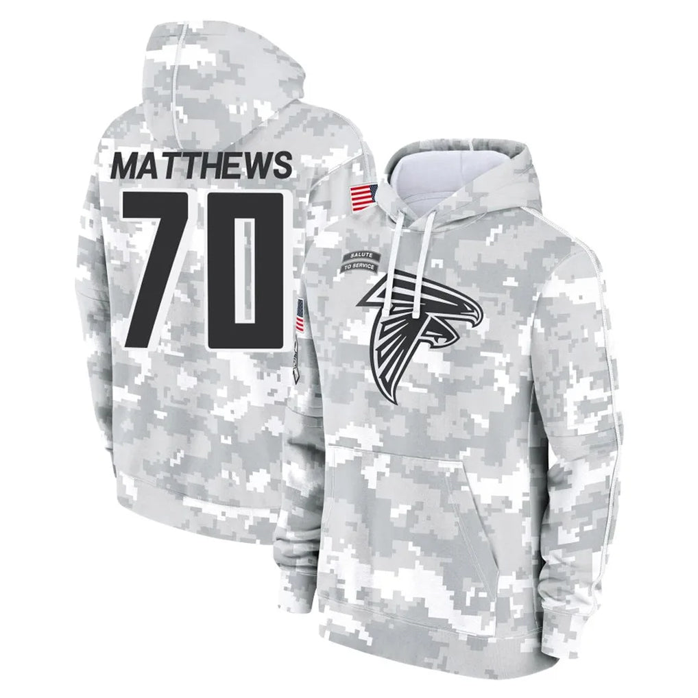 tocy A.Falcons #70 Jake Matthews Player Arctic Camo Salute to Service Limited Hoodie Stitched Jerseys