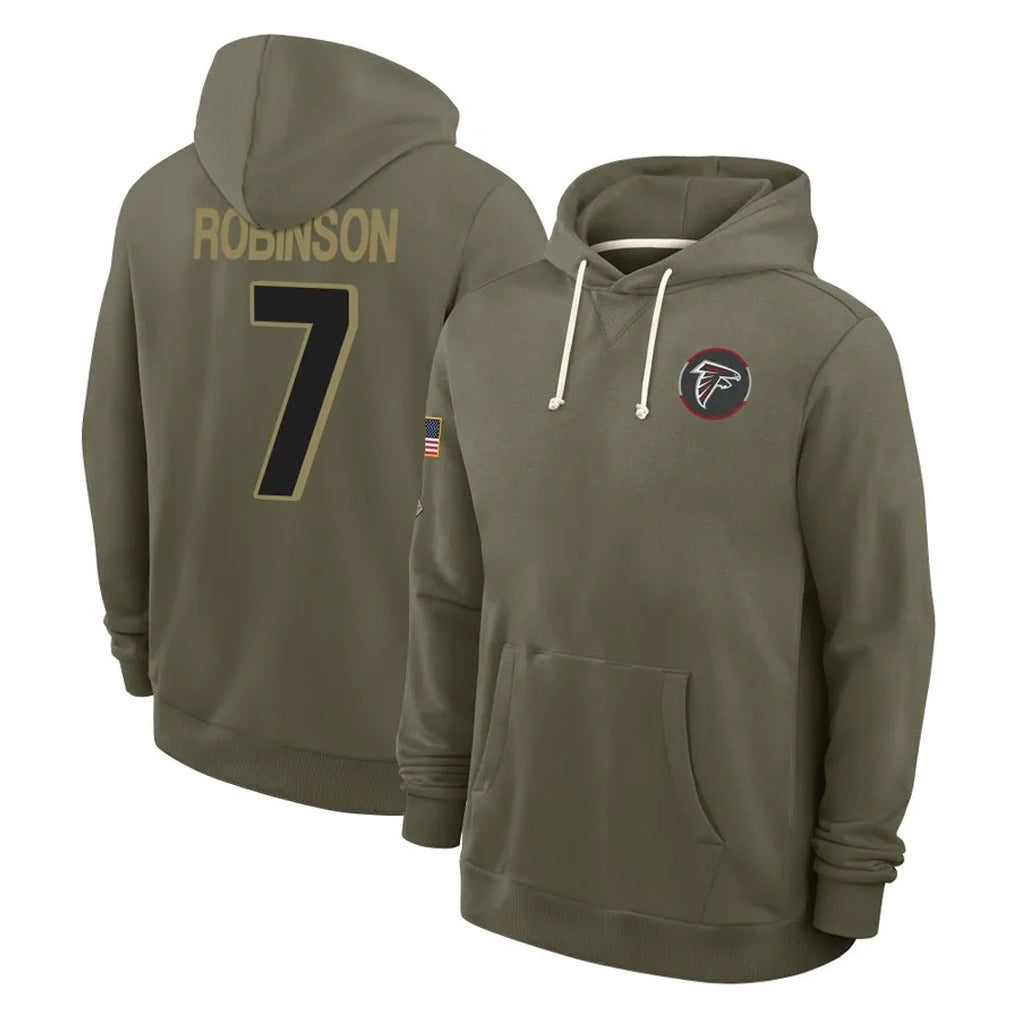 tocy A.Falcons #7 Bijan Robinson Player Olive 2025 Salute to Service Hoodies Stitched Jerseys