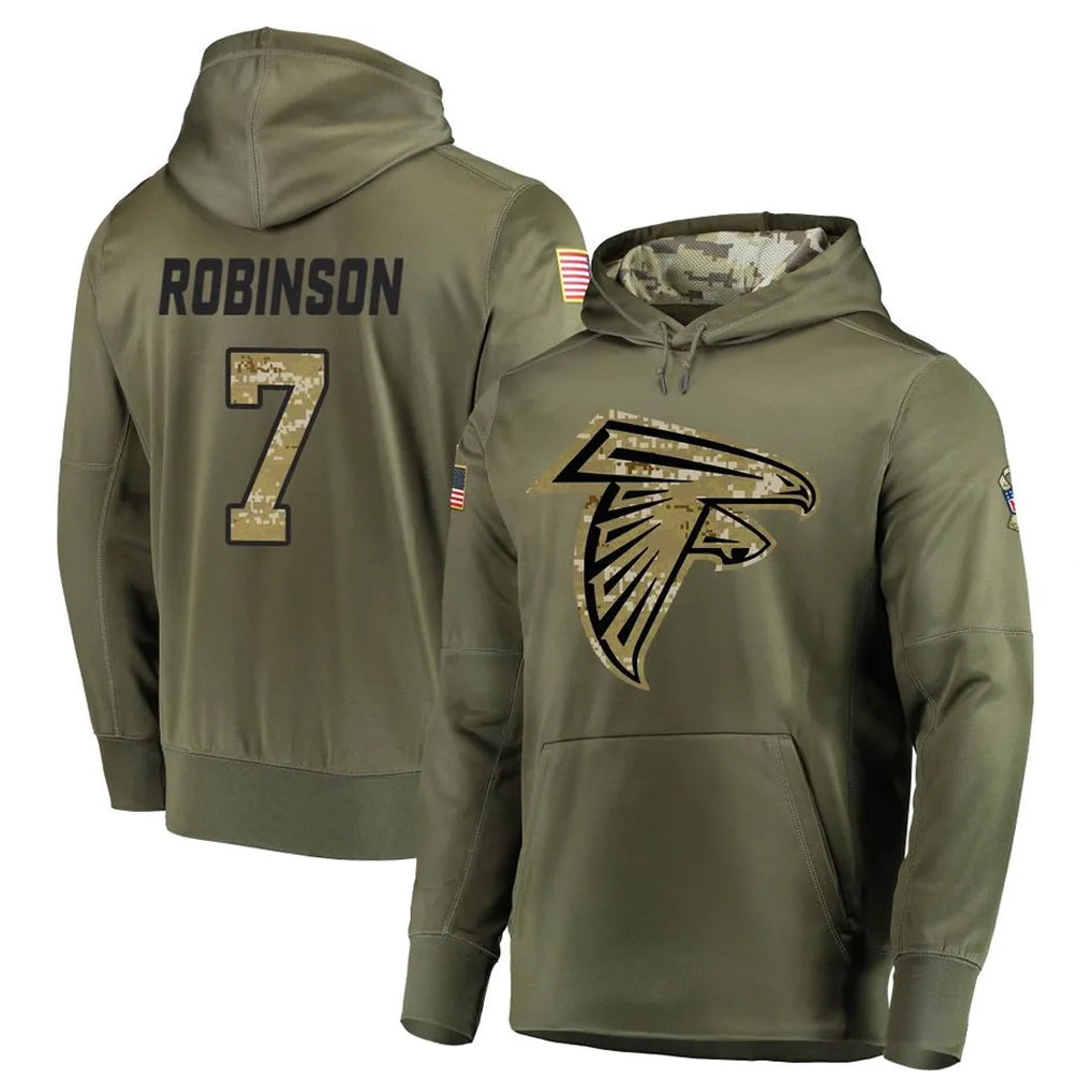 tocy A.Falcons #7 Bijan Robinson Player Olive Salute to Service Pullover Hoodies Stitched Jerseys