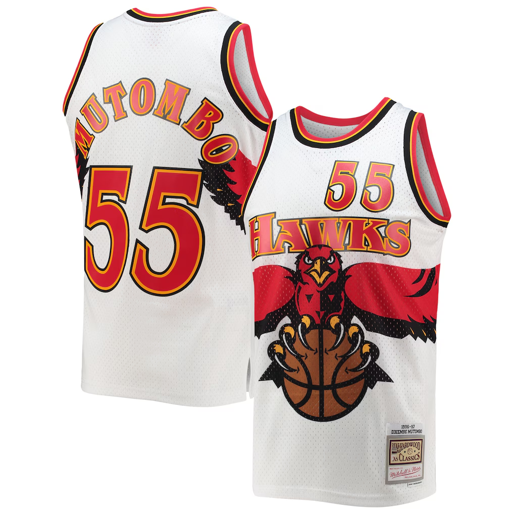 tocy A.Hawks #55 Dikembe Mutombo Mitchell & Ness White 199697 Hardwood Classics Swingman Jerseys