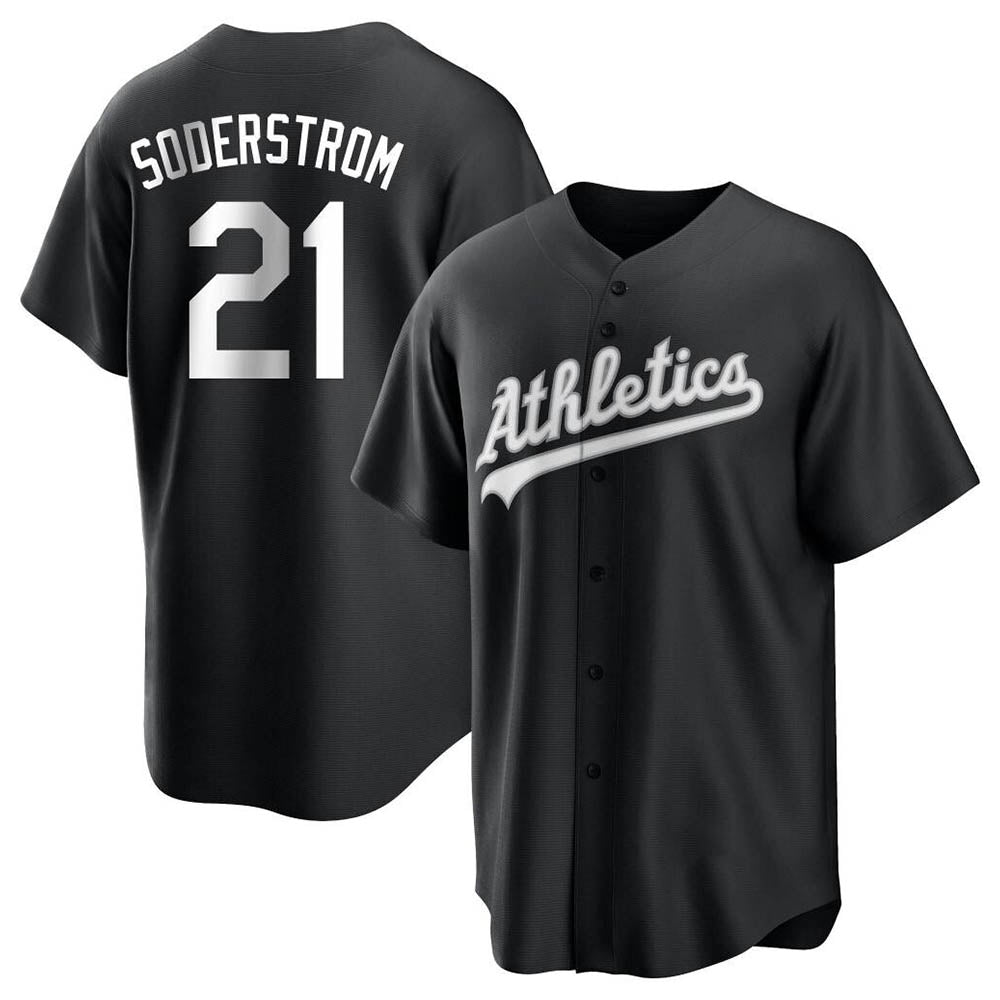 tocy Athletics #21 Tyler Soderstrom Player Black&White Replica Stitched Jersey