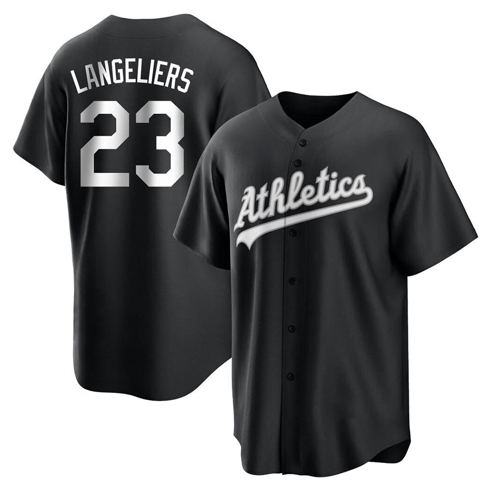 tocy Athletics #23 Shea Langeliers Player Black&White Replica Stitched Jerseys