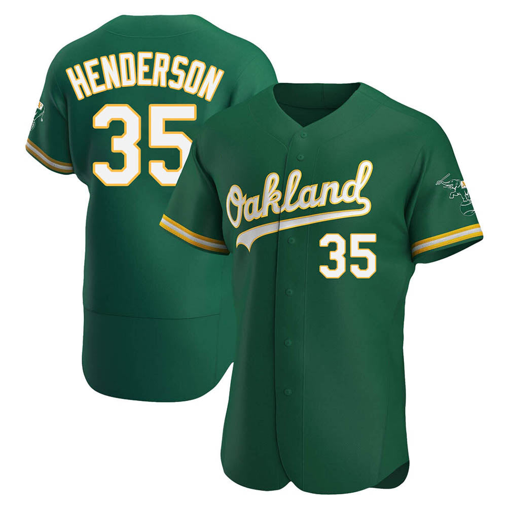 tocy Athletics #35 Rickey Henderson Player Green Authentic Kelly Alternate Stitched Jersey