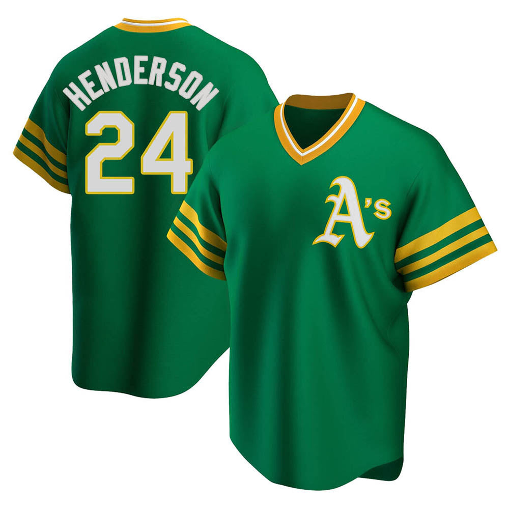 tocy Athletics #24 Rickey Henderson Player Green Replica Cooperstown Collection T shirt Stitched Jersey