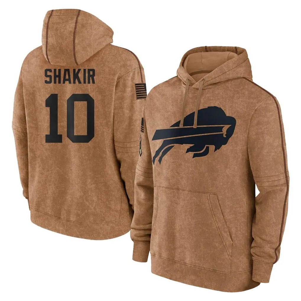 tocy B.Bills #10 Khalil Shakir Player Brown Salute to Service Hoodies Stitched Jerseys
