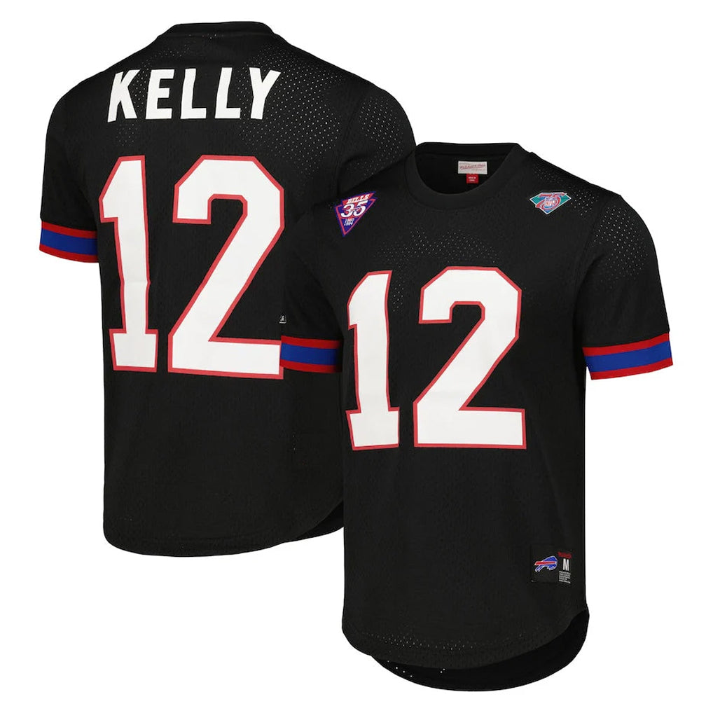 tocy B.Bills #12 Jim Kelly Player Black Mitchell & Ness Replica Mesh Limited Stitched Jerseys