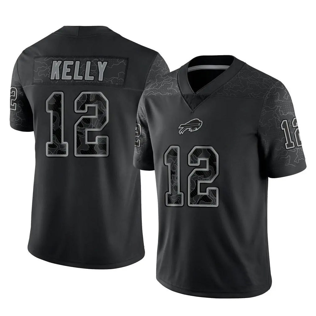 tocy B.Bills #12 Jim Kelly Player Black RFLCTV Limited Stitched Jerseys