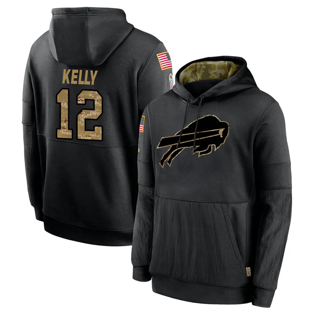 tocy B.Bills #12 Jim Kelly Player Black Salute to Service Hoodies Hame Stitched Jerseys