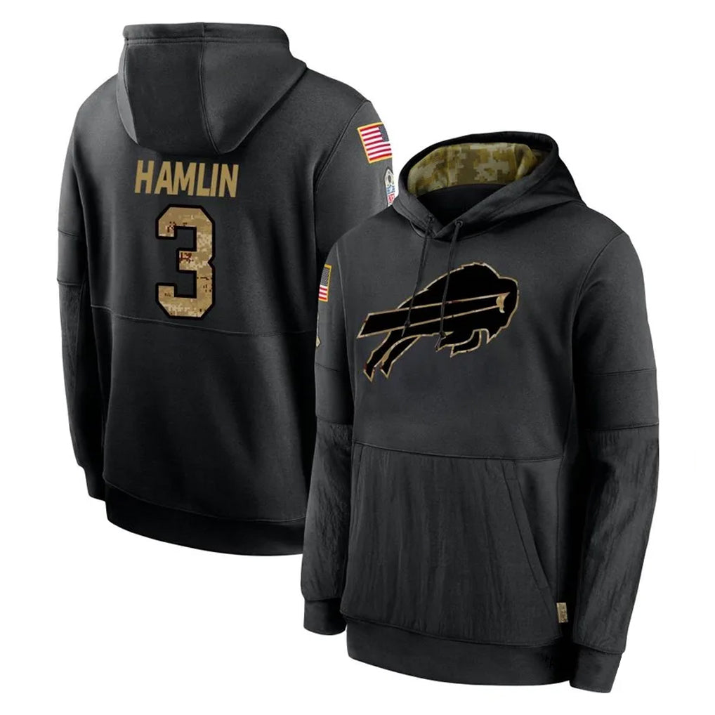 tocy B.Bills #3 Damar Hamlin Player Black Salute to Service Hoodies Stitched Jersey