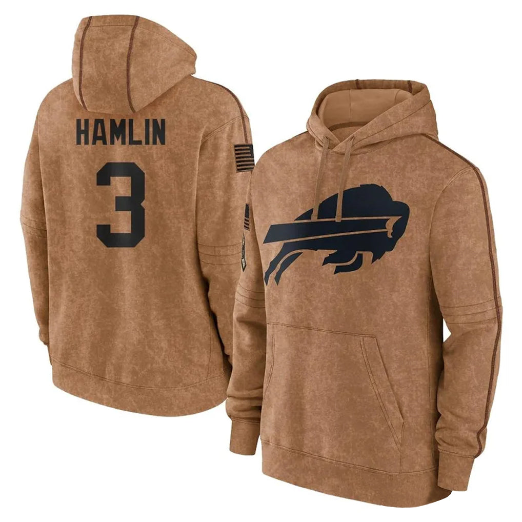 tocy B.Bills #3 Damar Hamlin Player Brown Salute to Service Hoodies Stitched Jerseys