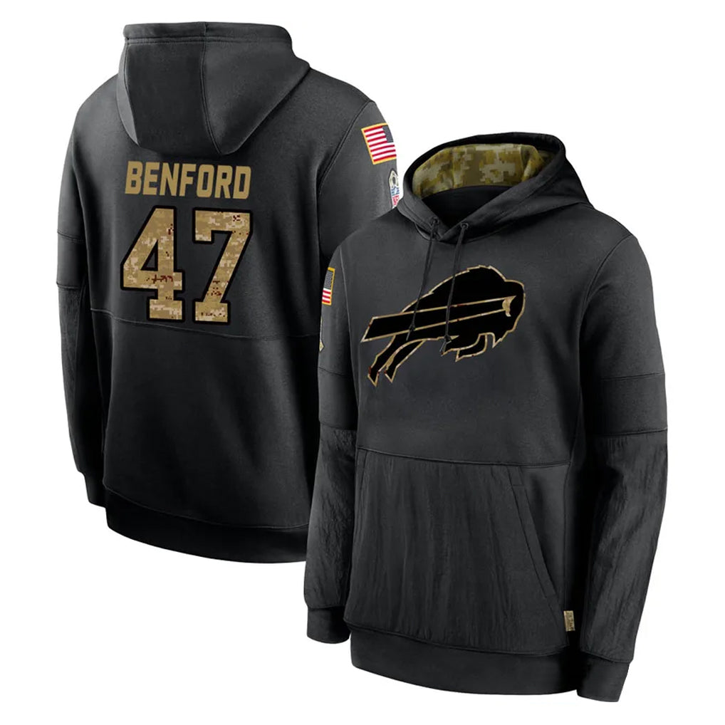 tocy B.Bills #47 Christian Benford Player Black Salute to Service Hoodies Hame Stitched Jerseys