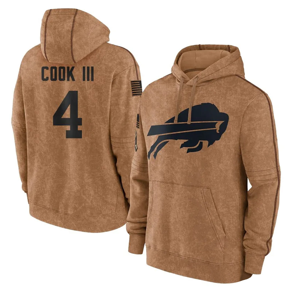 tocy B.Bills #4 James Cook III Player Brown Salute to Service Hoodies Stitched Jerseys