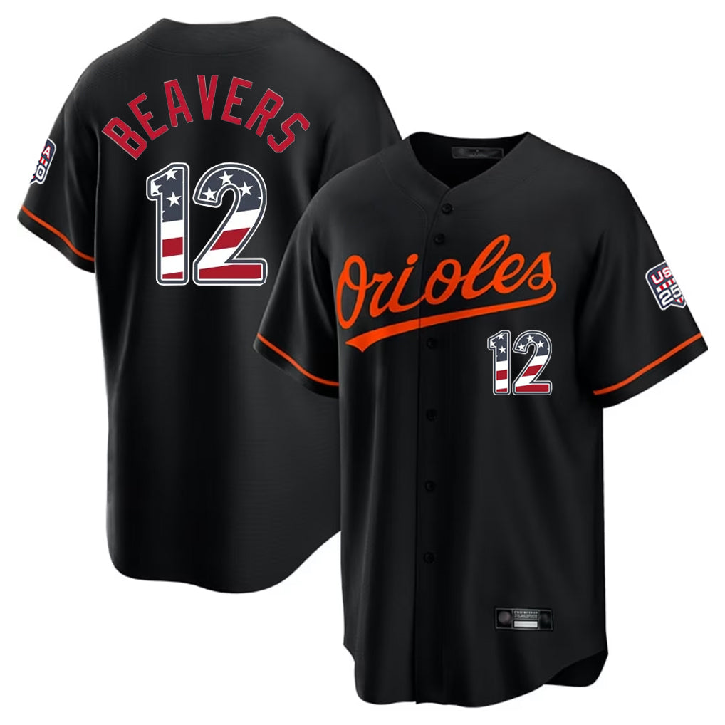tocy B.Orioles #12 Dylan Beavers Player Black USA 250 Fourth of July Home Game Stitched Jerseys