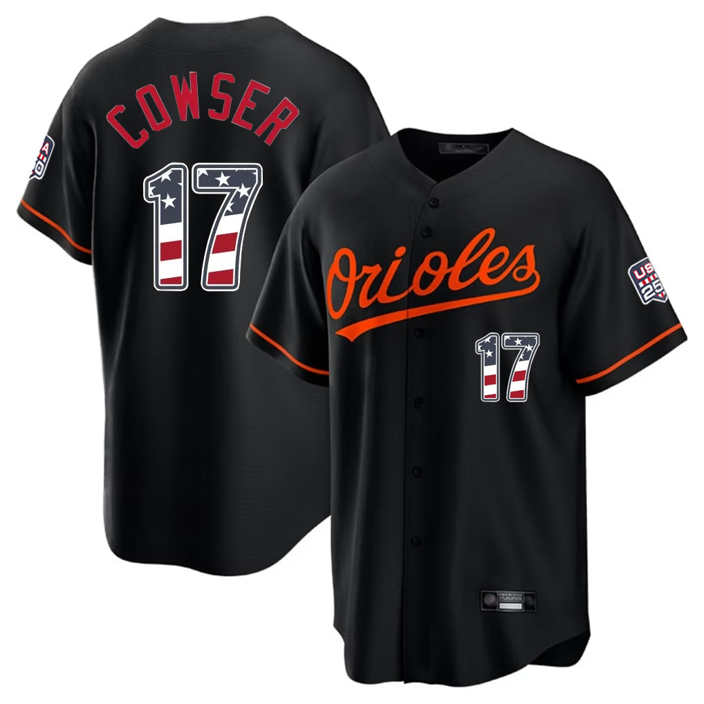 tocy B.Orioles #17 Colton Cowser Player Black USA 250 Fourth of July Home Game Stitched Jerseys