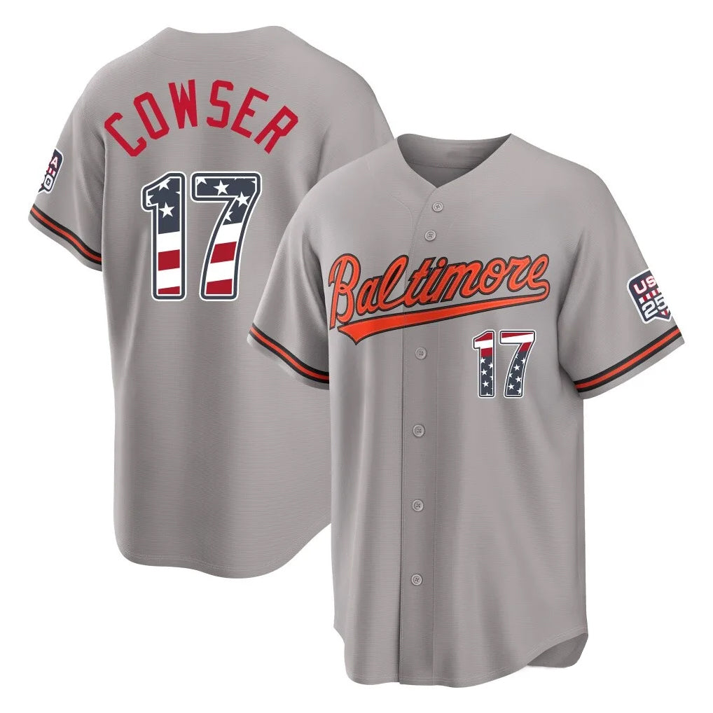 tocy B.Orioles #17 Colton Cowser Player Gray USA 250 Fourth of July Home Game Stitched Jerseys
