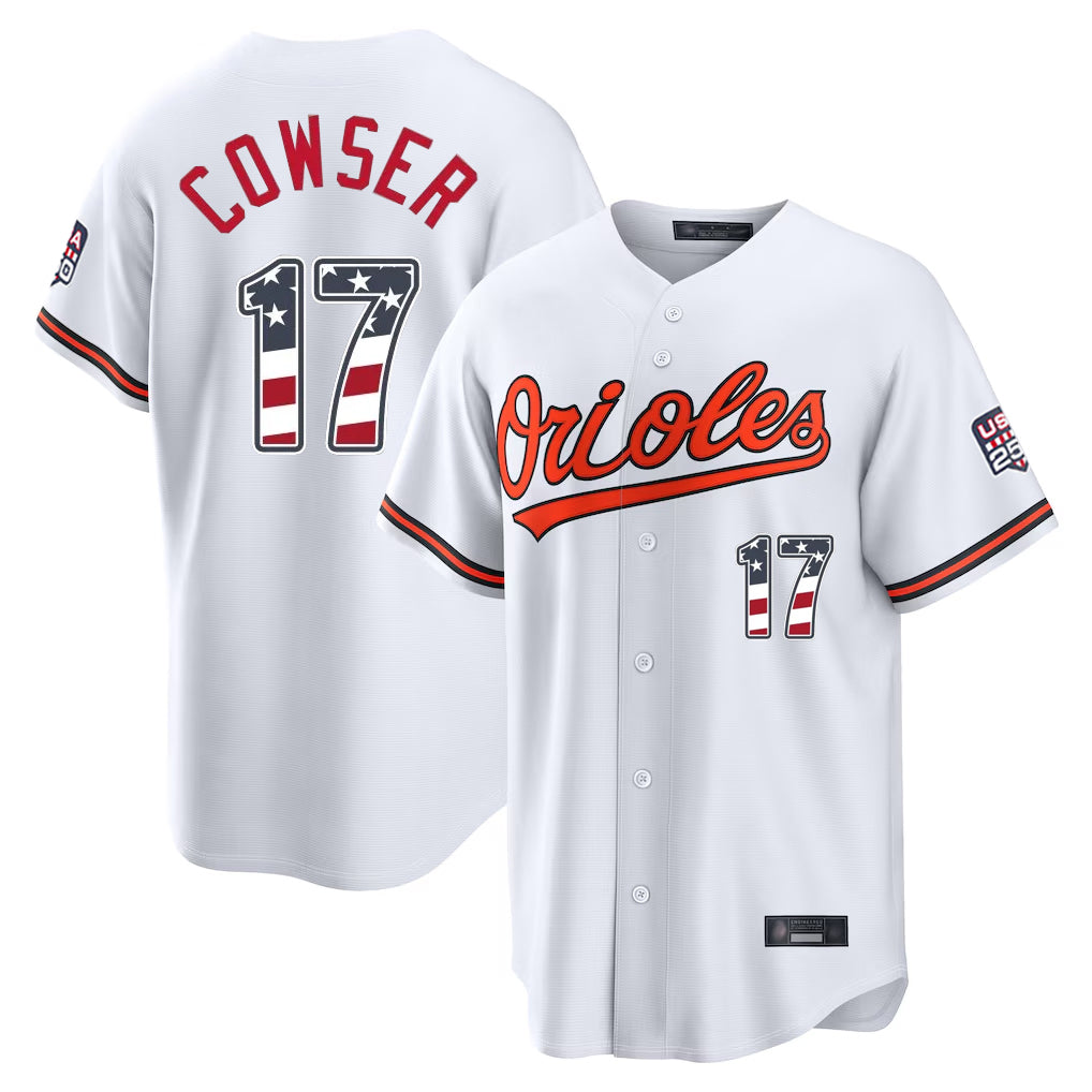 tocy B.Orioles #17 Colton Cowser Player White USA 250 Fourth of July Home Game Stitched Jerseys