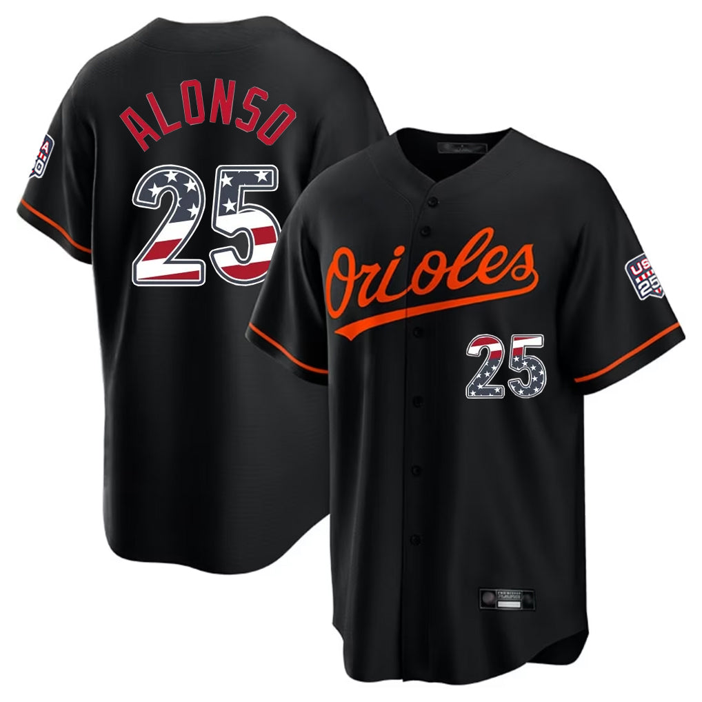 tocy B.Orioles #25 Pete Alonso Player Black USA 250 Fourth of July Home Game Stitched Jerseys