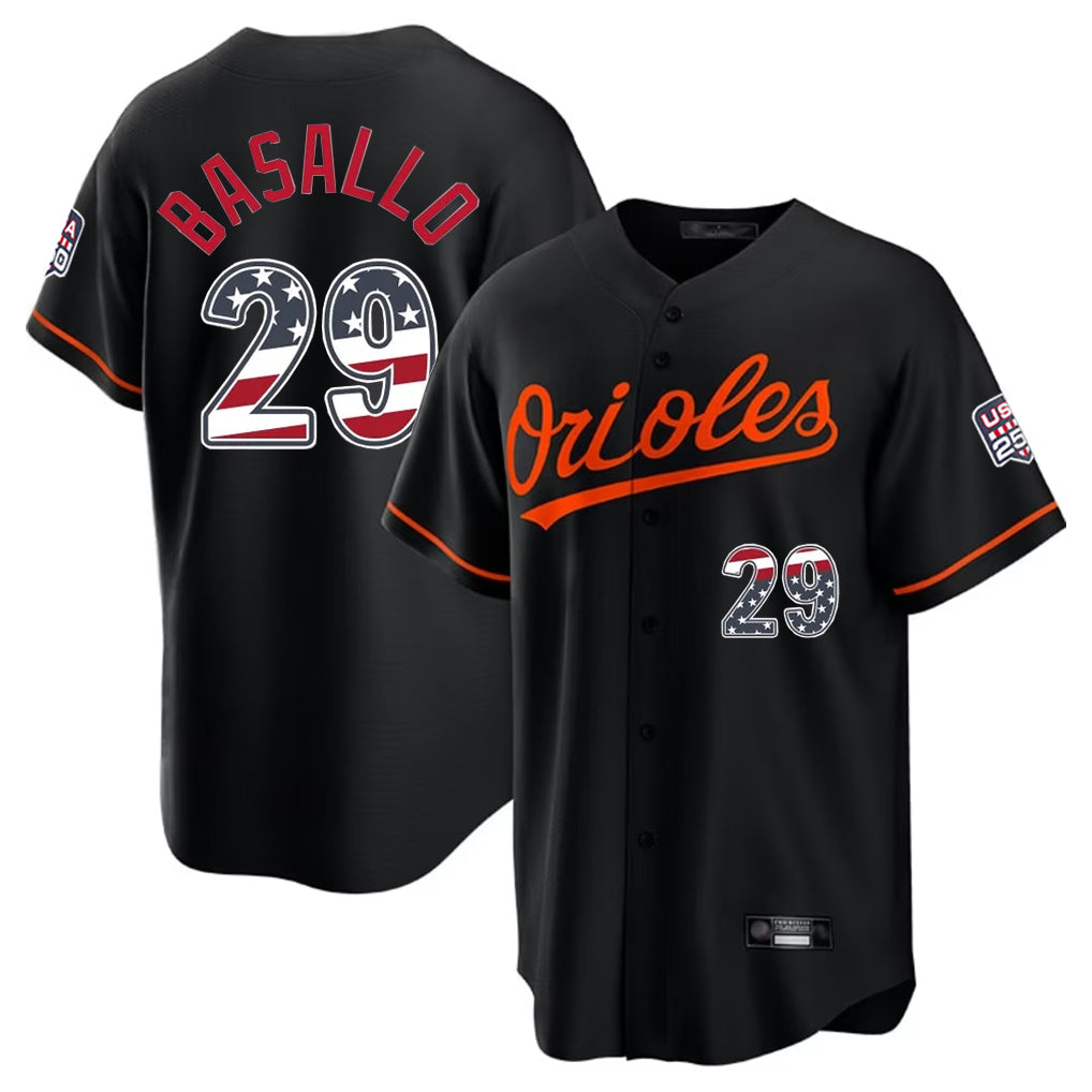 tocy B.Orioles #29 Samuel Basallo Player Black USA 250 Fourth of July Home Game Stitched Jerseys