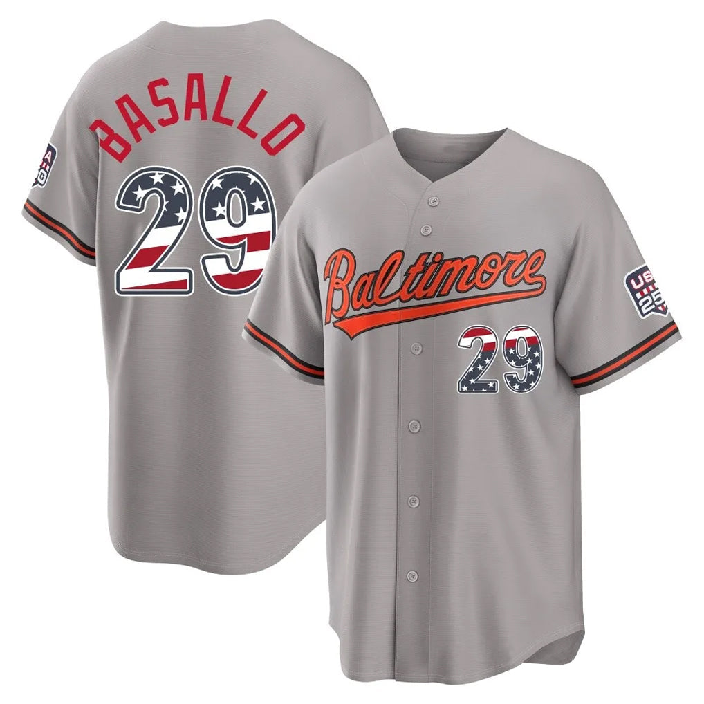 tocy B.Orioles #29 Samuel Basallo Player Gray USA 250 Fourth of July Home Game Stitched Jerseys