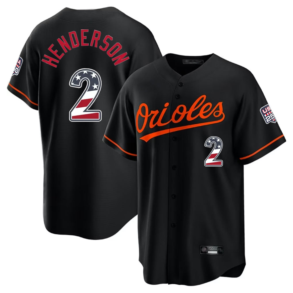 tocy B.Orioles #2 Gunnar Henderson Player Black USA 250 Fourth of July Home Game Stitched Jerseys