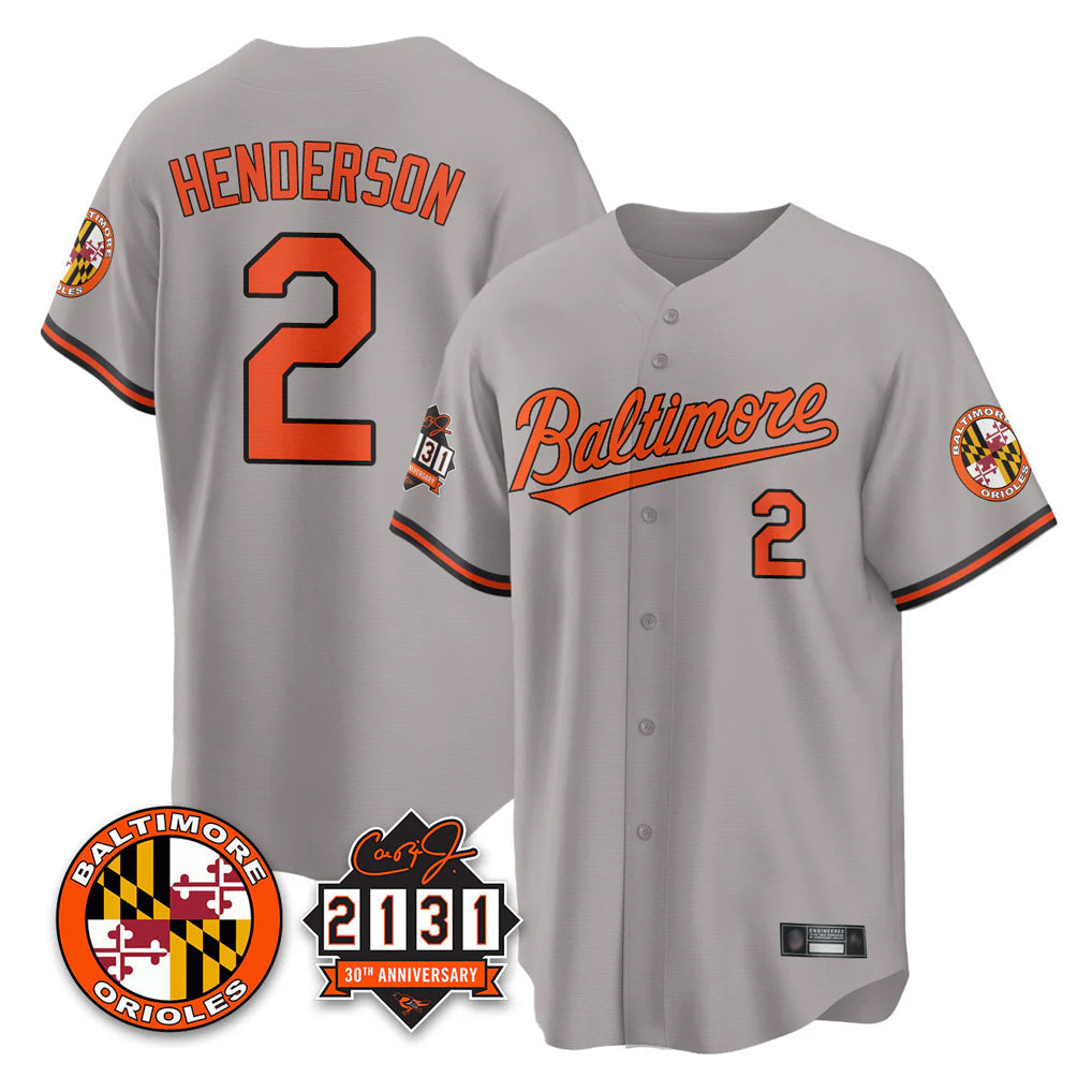 tocy B.Orioles #2 Gunnar Henderson Player Gray 30th Anniversary of 2131 Home Game Stitched Jerseys