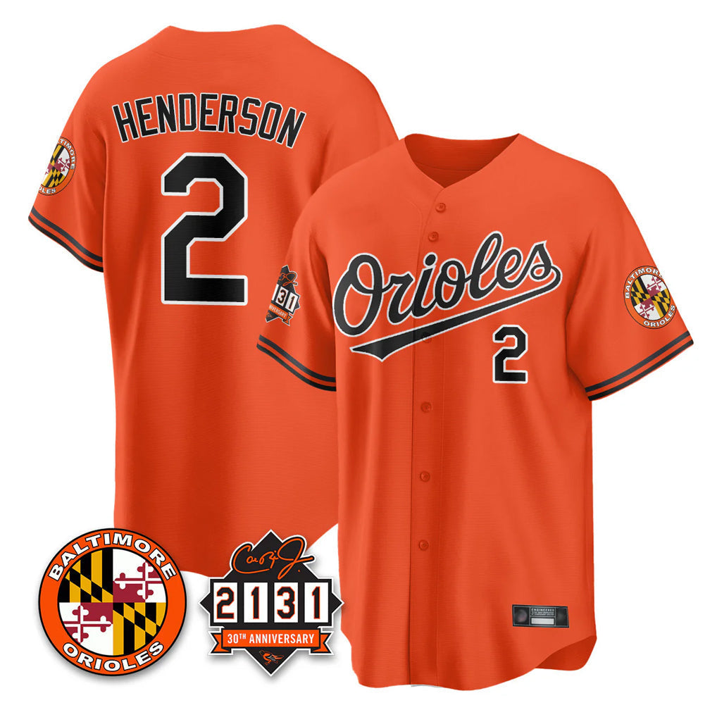 tocy B.Orioles #2 Gunnar Henderson Player Orange 30th Anniversary of 2131 Home Game Stitched Jerseys