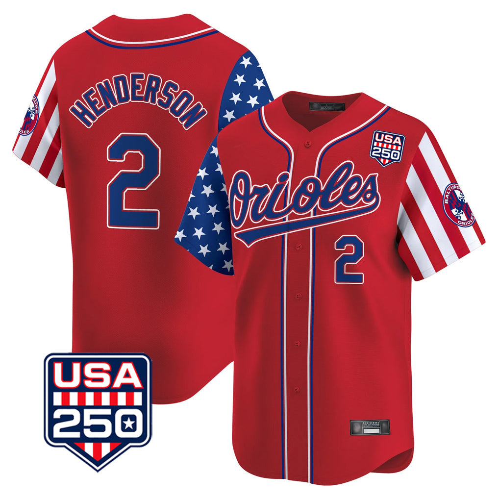 tocy B.Orioles #2 Gunnar Henderson Player Red USA 250 Independence Day Vapor Premier Limited Home Game Stitched Jerseys