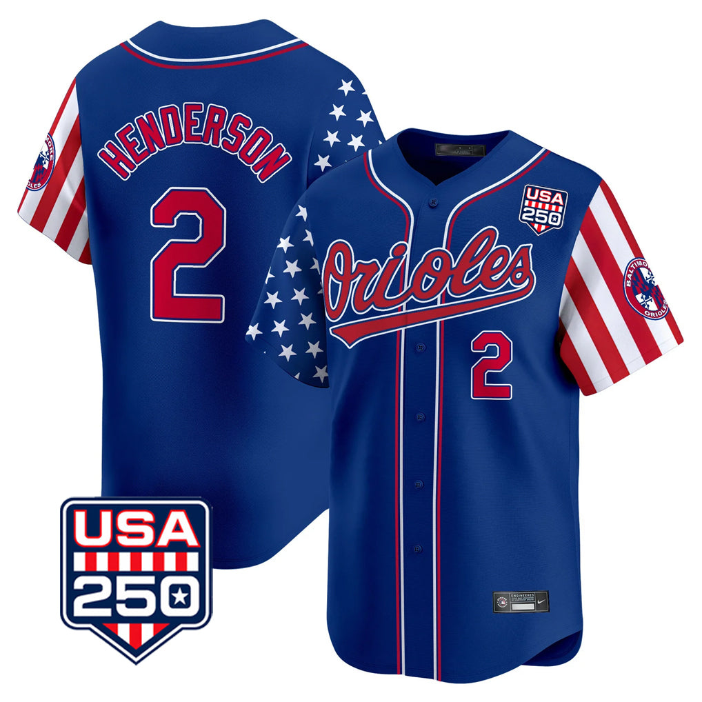 tocy B.Orioles #2 Gunnar Henderson Player Royal USA 250 Independence Day Vapor Premier Limited Home Game Stitched Jerseys