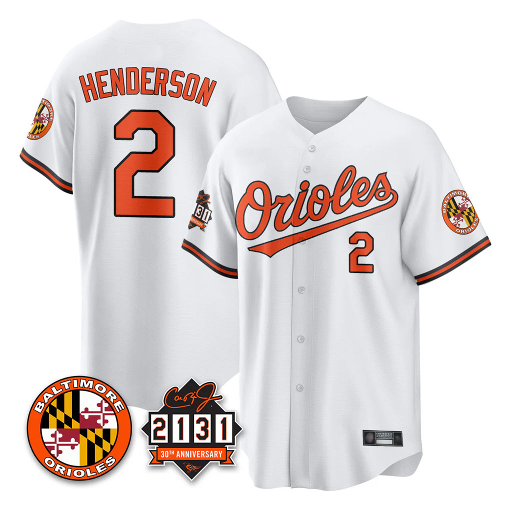 tocy B.Orioles #2 Gunnar Henderson Player White 30th Anniversary of 2131 Home Game Stitched Jerseys