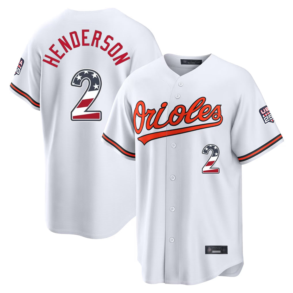 tocy B.Orioles #2 Gunnar Henderson Player White USA 250 Fourth of July Home Game Stitched Jerseys