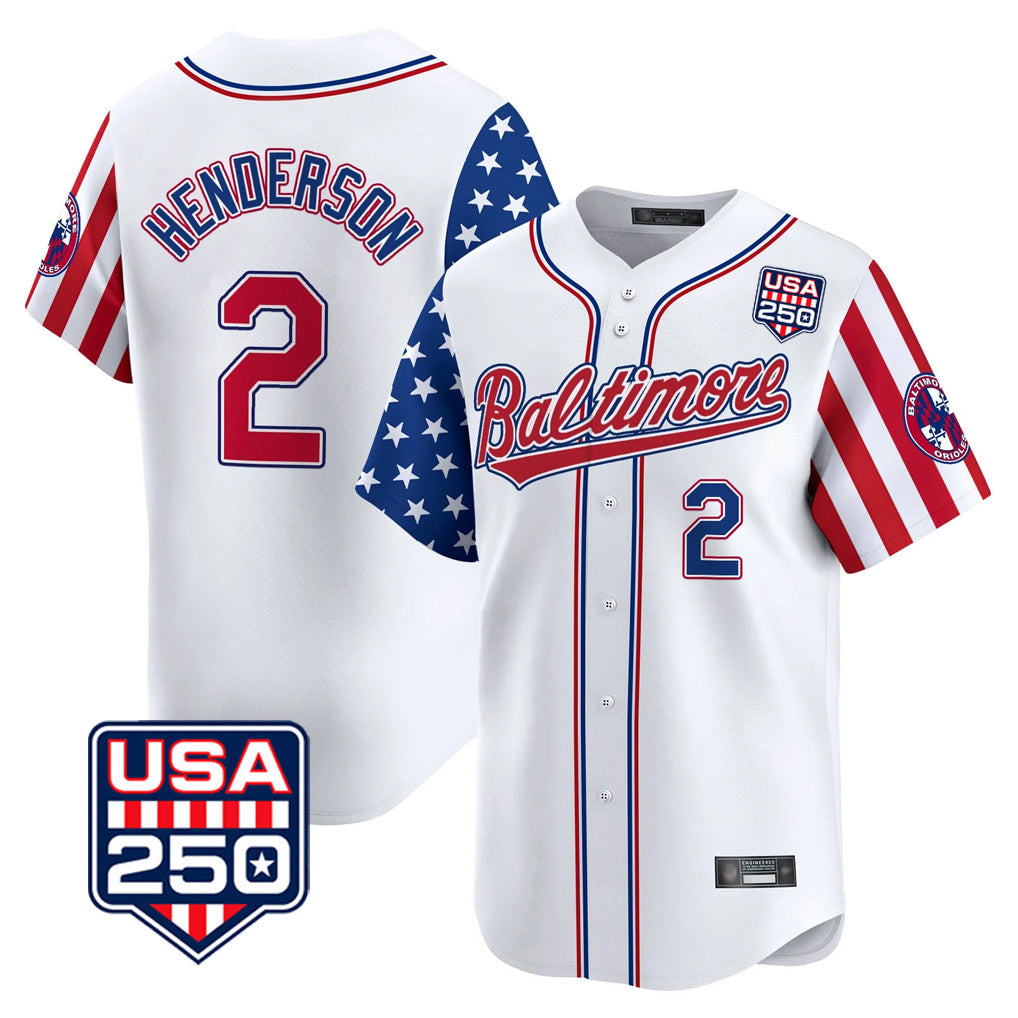 tocy B.Orioles #2 Gunnar Henderson Player White USA 250 Independence Day Vapor Premier Limited Home Game Stitched Jerseys