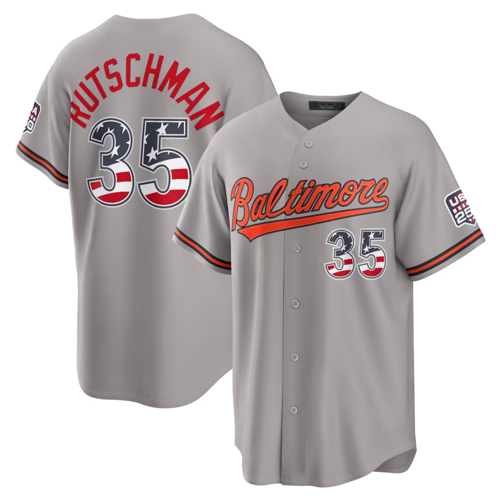 tocy B.Orioles #35 Adley Rutschman Gray USA 250 Fourth of July Road Stadium Jersey