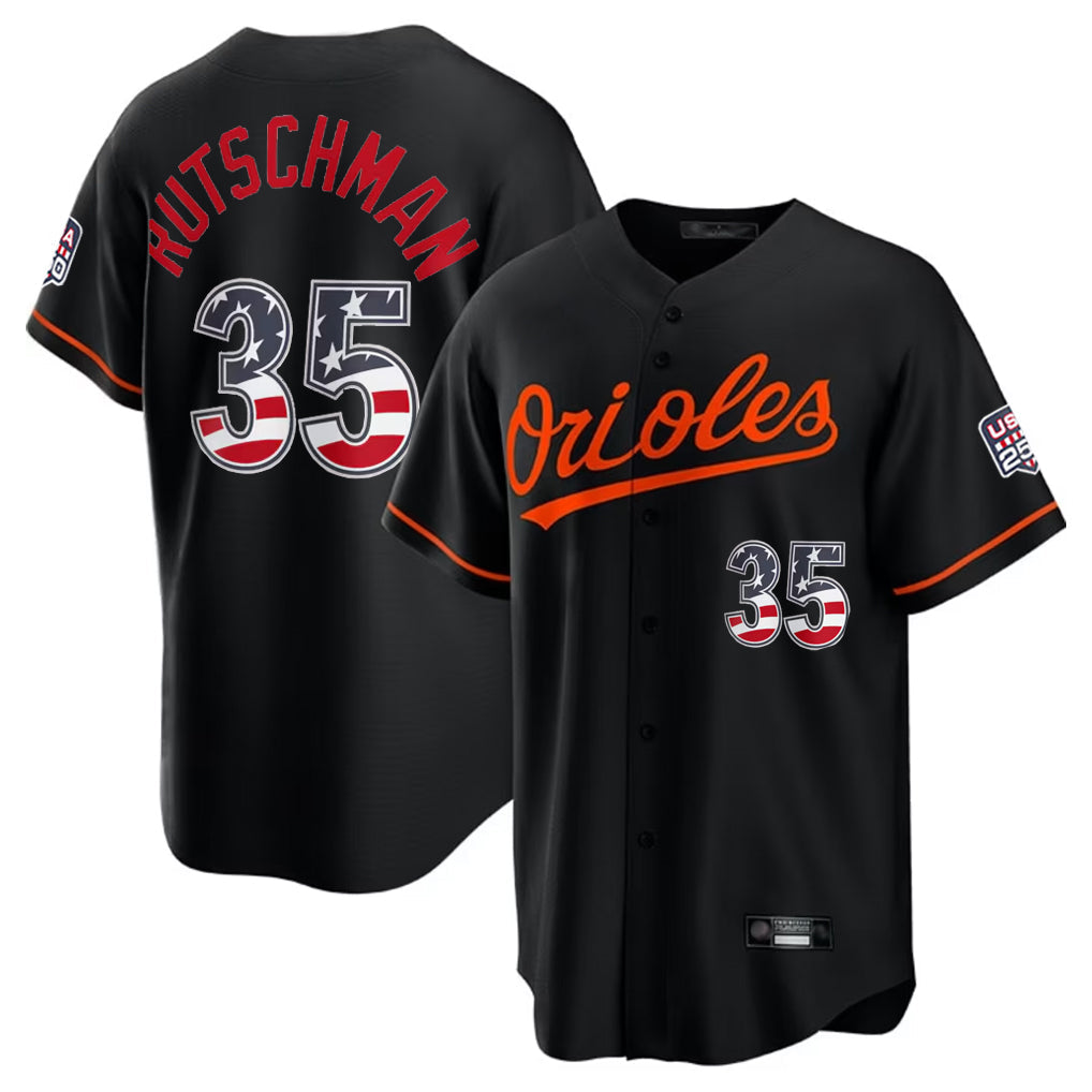 tocy B.Orioles #35 Adley Rutschman Player Black USA 250 Fourth of July Home Game Stitched Jerseys