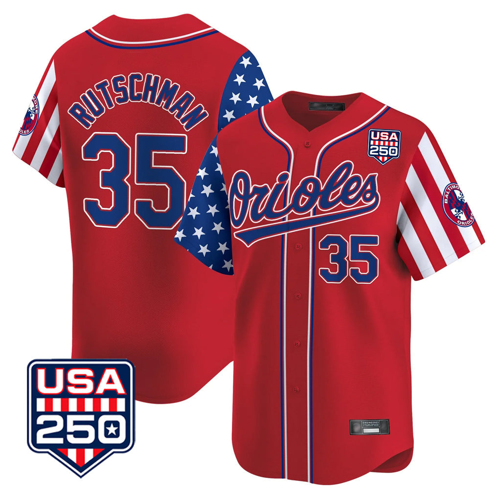tocy B.Orioles #35 Adley Rutschman Player Red USA 250 Independence Day Vapor Premier Limited Home Game Stitched Jerseys